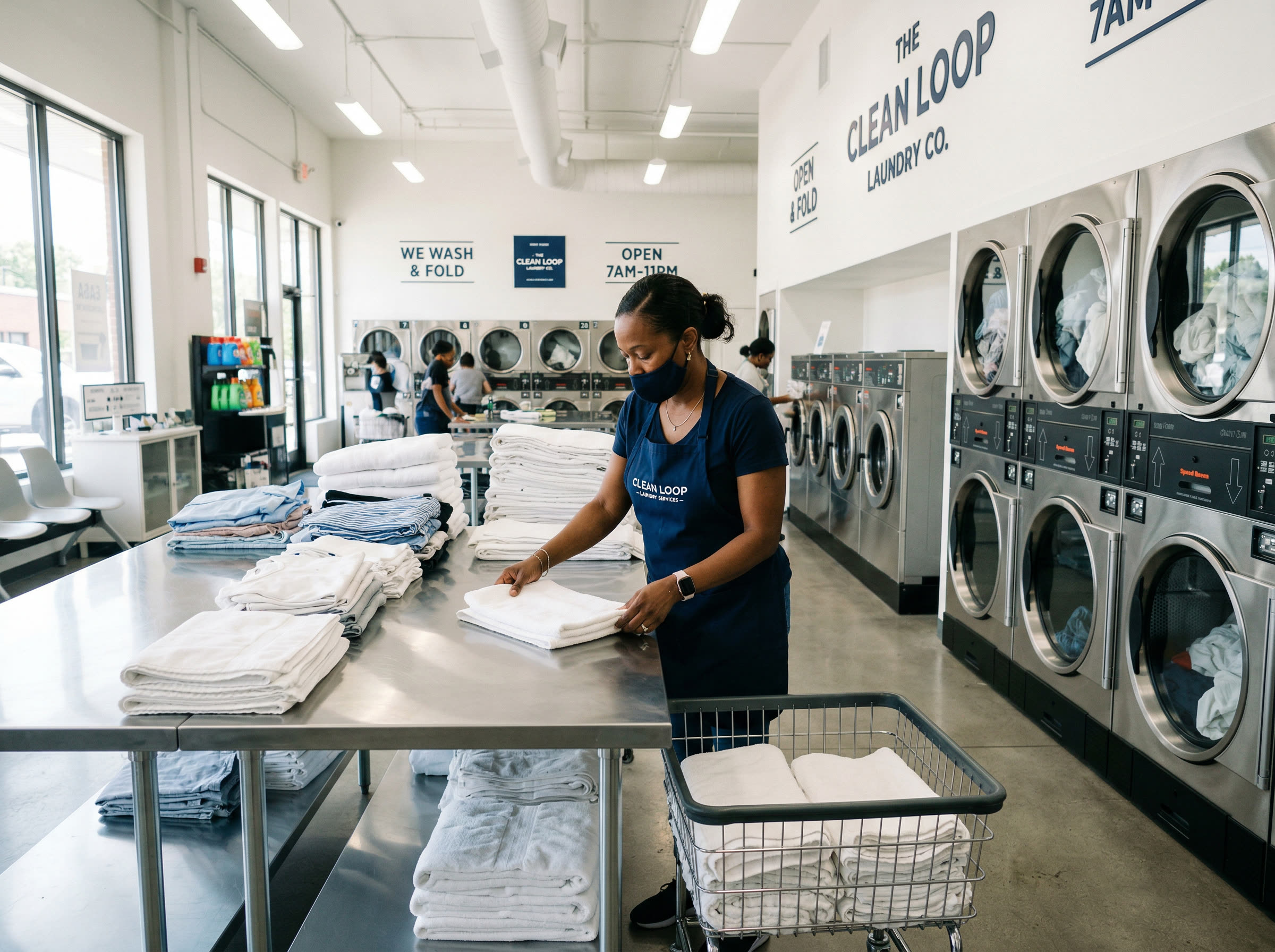Professional laundry worker folding clothes at a commercial laundromat