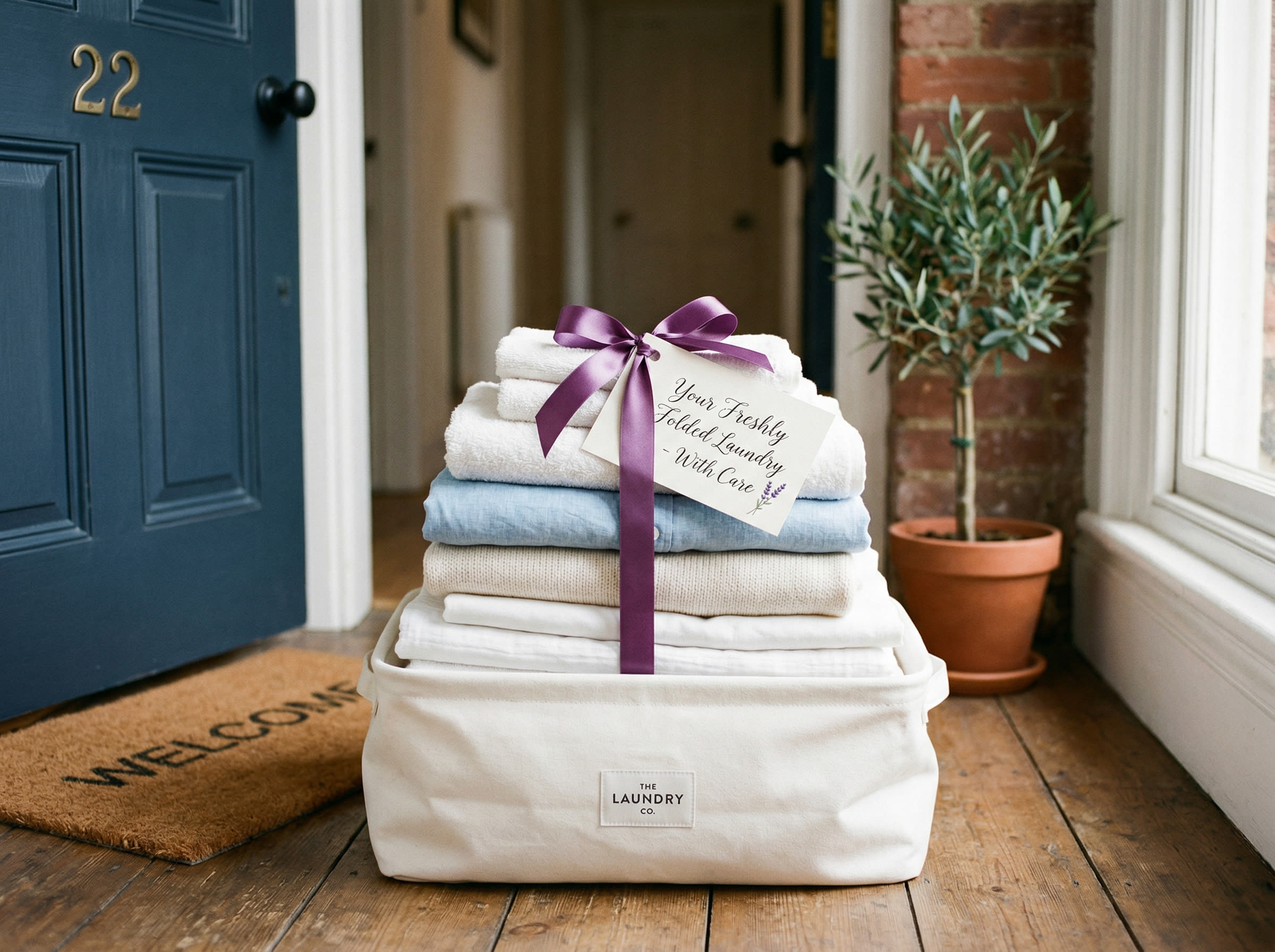 Beautifully folded laundry tied with a purple ribbon at a doorstep