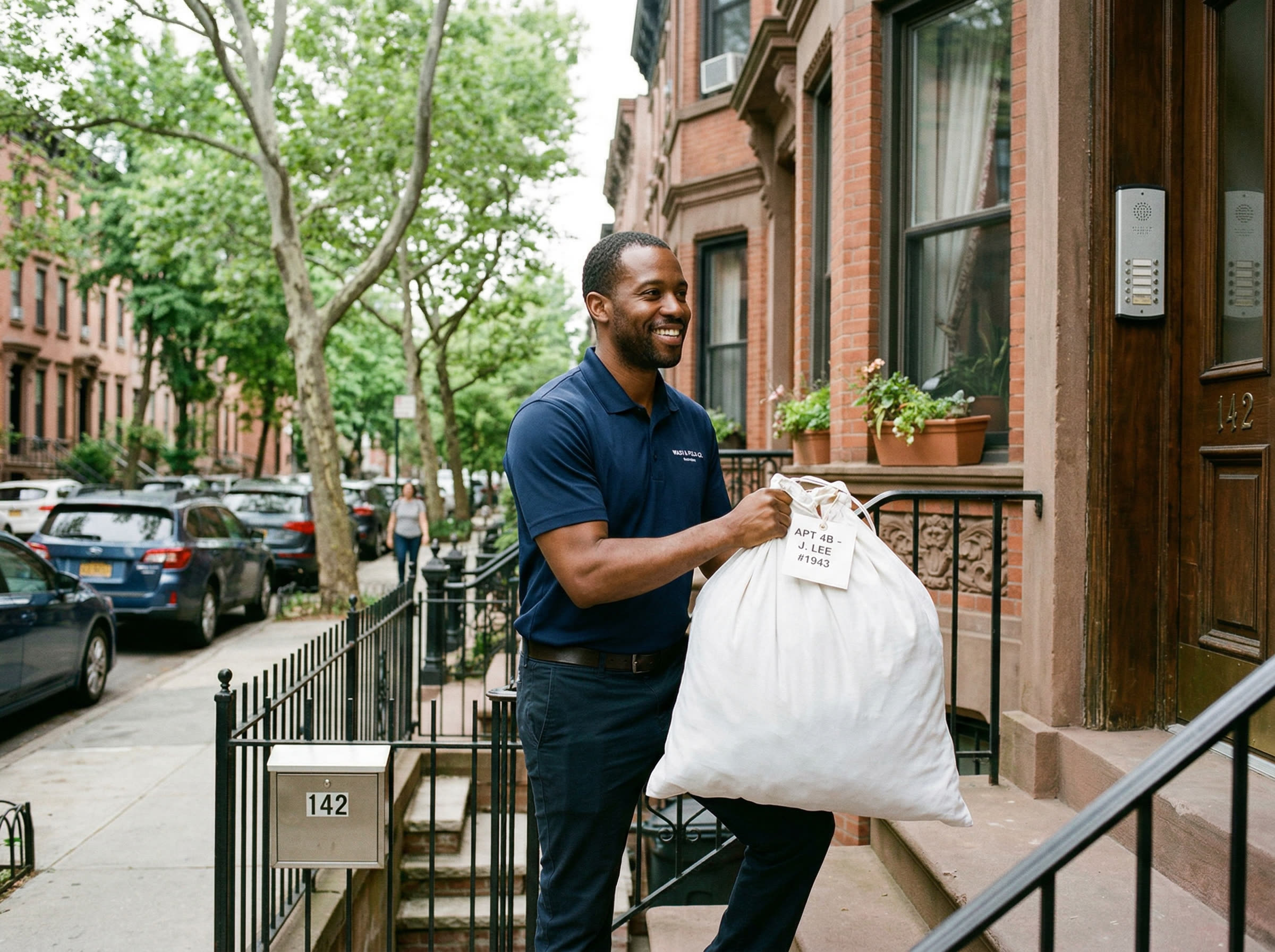 Smiling Offload driver picking up a laundry bag at a NYC brownstone